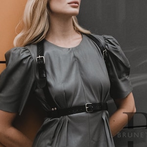Leather belt with shoulder straps, Belt with suspenders, Waist harness, Harness belt women, Top harness, Leather harnesses for women chest