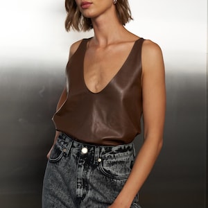 Leather tank tops for females, Genuine leather tops womens,V neck top womens,Leather top women,Real leather top ladies,Leather top plus size