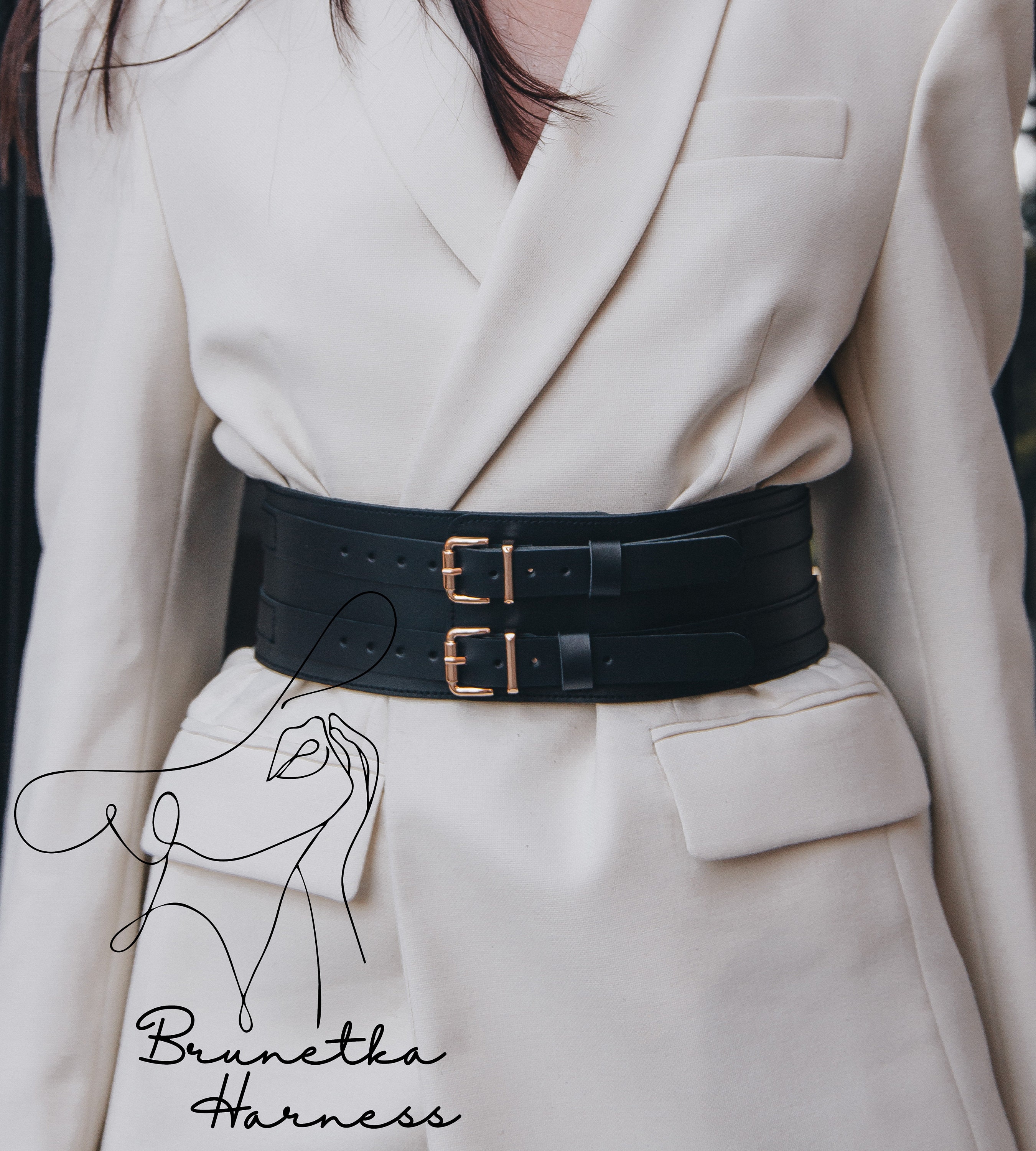 ◆LCDC◆ DOUBLE BUCKLE CORSET LEATHER BELT BLACK LCESAABT200 Double Buckle Belt,leather Wide Waist Belt,under Bust Corset