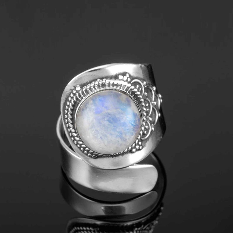 Bezel Ring Oxidized Sterling Silver Ring Boho Rings Raw Stone Ring Moonstone Rough Ring Christmas Sale Rainbow Moonstone Ring