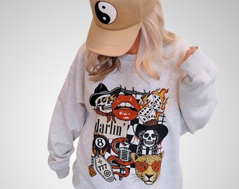 Western Tattoo Graphic Sweatshirt – Cowboy Skull, Retro Leopard, Lucky Dice & Flames – Trendy Vintage-Style Cozy Crewneck