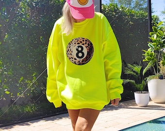Neon Yellow Leopard 8 Ball Sweatshirt, Trendy Y2K Crewneck Cheetah Oversized Preppy Crewneck