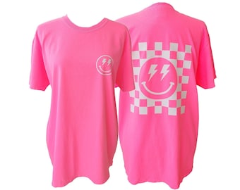 Neon Pink Lightning Bolt Smile Shirt Summer Tees Oversized Tshirt Preppy Clothes Happy Face Checkerboard Tee Lightning Shirt Trendy T-Shirt