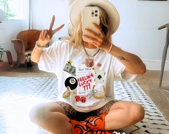 Feeling Lucky Shirt Oversized T-shirt met grafische print Lucky You 8 Ball T-shirt Collage Esthetisch Comfort Kleuren Trendy shirt Preppy kleding Dice 777 Lucky