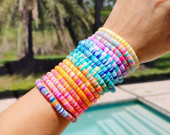 Colorful Preppy Bracelets Heishi Bracelet Summer Bracelets Gifts for Her Bright Clay Bracelets Heishi Beaded Stretch Stacking Bracelets