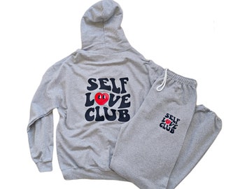 Self Love Club Hoodie Sweats Cozy Sweatsuit Womens Trendy Retro Smiling Face Sweatshirt Jogger Set Loungewear Matching Set Preppy