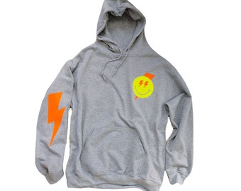 Smiling Face Lightning Bolt Hoodie Women's Trendy Sweatshirt Smile Face Oversized Hoodie Sweatshirt Neon Smiling Face Lightning Sweatshirt
