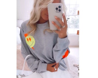 Smiling Face Lightning Bolt Sweatshirt Women&#39;s Trendy Sweatshirt Smile Face Oversized Sweatshirt Crewneck Sweatshirt Neon Smiling Face