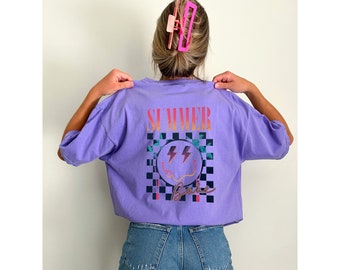 Summer Beach Babe Shirt Oversized Happy Face Lightning Bolt Tshirt Preppy Shirts Beachy Tees Preppy Clothes Trendy Summer T-Shirt