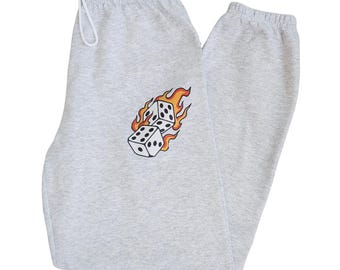 Flaming Dice Sweatpants, Oversized Grey Joggers, Lucky Pants, Cozy Loungewear, Las Vegas Travel Sweats