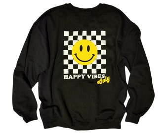 Lächelndes Gesicht Schachbrett Sweatshirt Happy Vibes Hoodie Oversized Crewneck Good Vibes Sweatshirt Smile Face Hoodie Preppy Crewneck Trendy