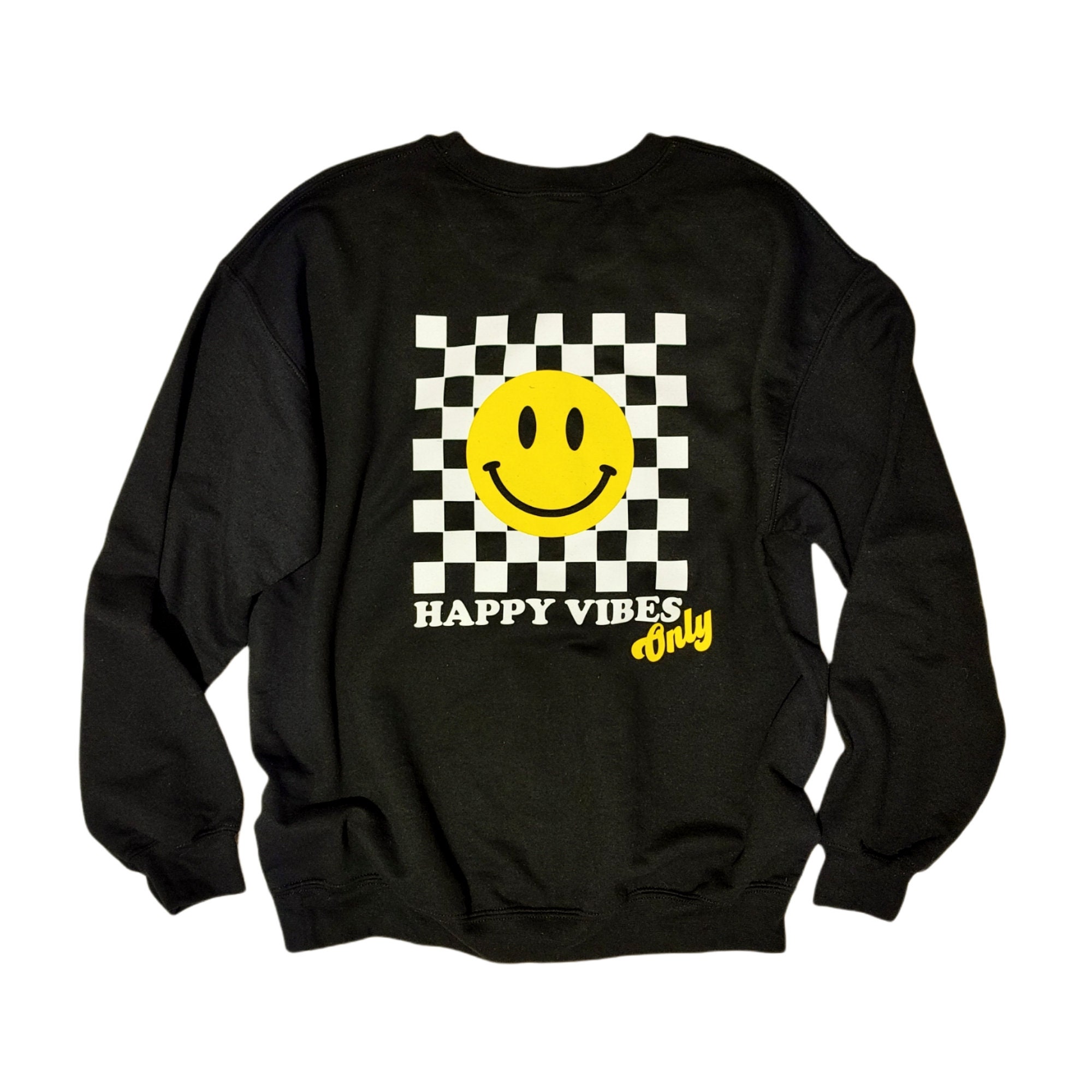 Smiling Face Checkerboard Sweatshirt Happy Vibes Hoodie Oversized