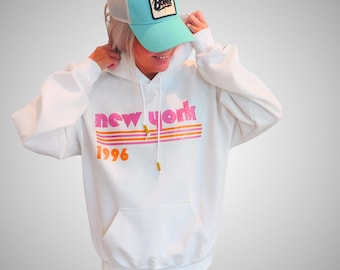 New York Hoodie, NYC Graphic Hoodie, Distressed Retro Sweatshirt, Oversized White Travel Hoodie, City Lover Gift