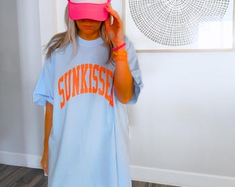 Sunkissed Oversized T Shirt, Blue Comfort Colors Tee, Neon Summer Graphic Shirt, Beach Vacation Outfit, Preppy Shirts
