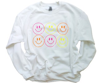 Sonrisa Sudadera neón Sudadera de moda Para mujer Cara sonriente Sudadera de gran tamaño Crewneck Preppy Ropa Preppy Neón Sonrisa Sudadera