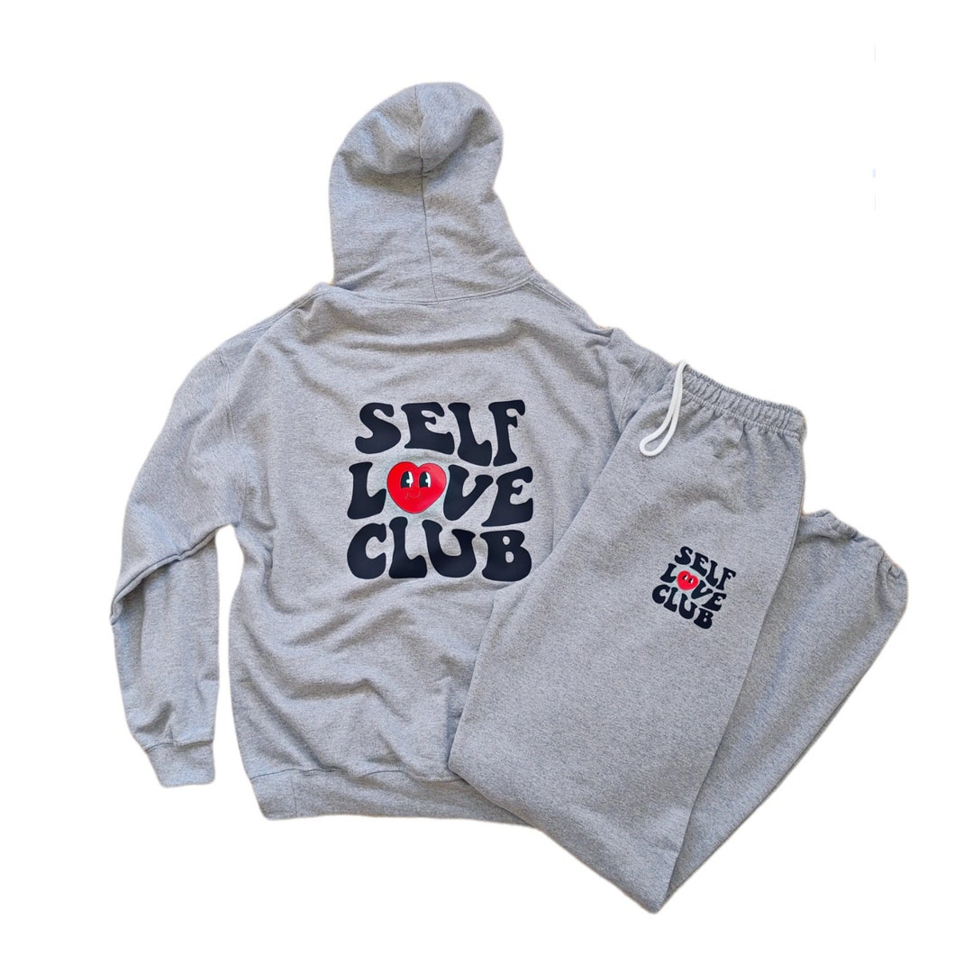 Self Love Club Hoodie Sweats Cozy Sweatsuit Womens Trendy Retro Smiling Face Sweatshirt Jogger Set Loungewear Matching Set Preppy