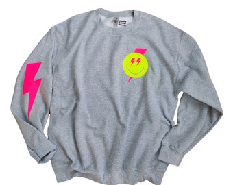 Sudadera con diseño de rayo rosa neón con cara sonriente, sudadera de moda para mujer, sudadera extragrande con cara sonriente, sudadera de cuello redondo, amarillo neón