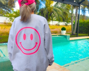 Happy is the New Rich Sweatshirt Neon Pink Colorful Oversized Crewneck Preppy Shirts Smile Happy Face Trendy Summer Clothes Positive Quote