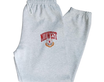 Midwest Logo Sweatpants, Distressed Varsity Joggers, Ash Gray Oversized Gildan Sweatpants, Unisex Drawstring Lounge Pants