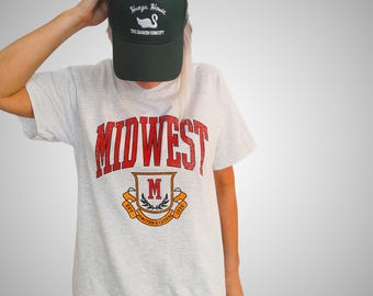 Retro Midwest Graphic Tee, Distressed College Style T Shirt, University Collegiate Inspired Shirt, Oversized Cotton Streetwear Top