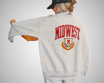 Midwest Crewneck Sweatshirt, Distressed Varsity Pullover, Retro College Graphic Sweatshirt, Ash Gray Oversized Crewneck
