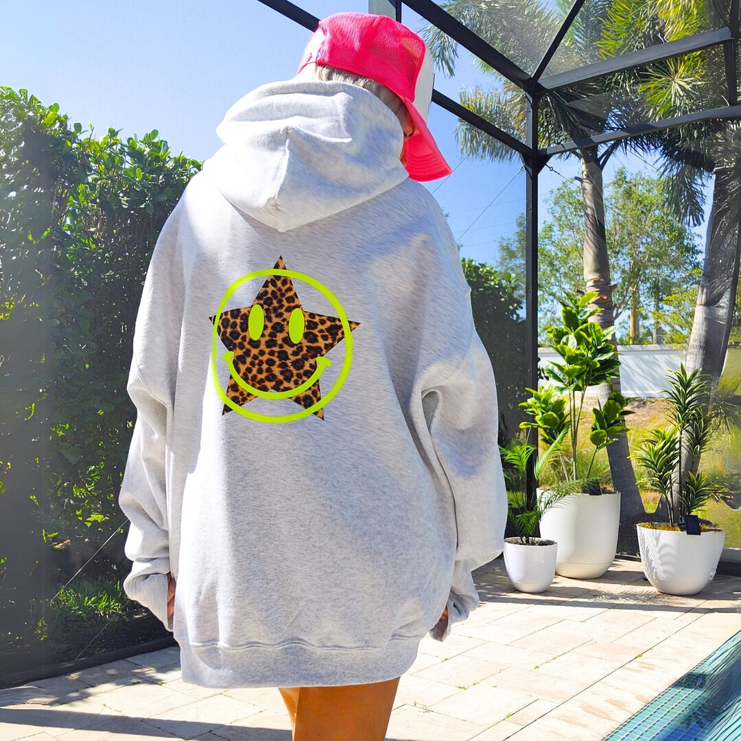 Neon Leopard Star Smile Hoodie: Y2K Preppy Oversized Sweatshirt