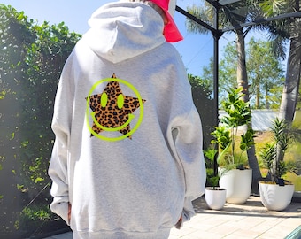 Neon Leopard Star Smile Hoodie: Y2K Preppy Oversized Sweatshirt Trendy Animal Print Hoodie