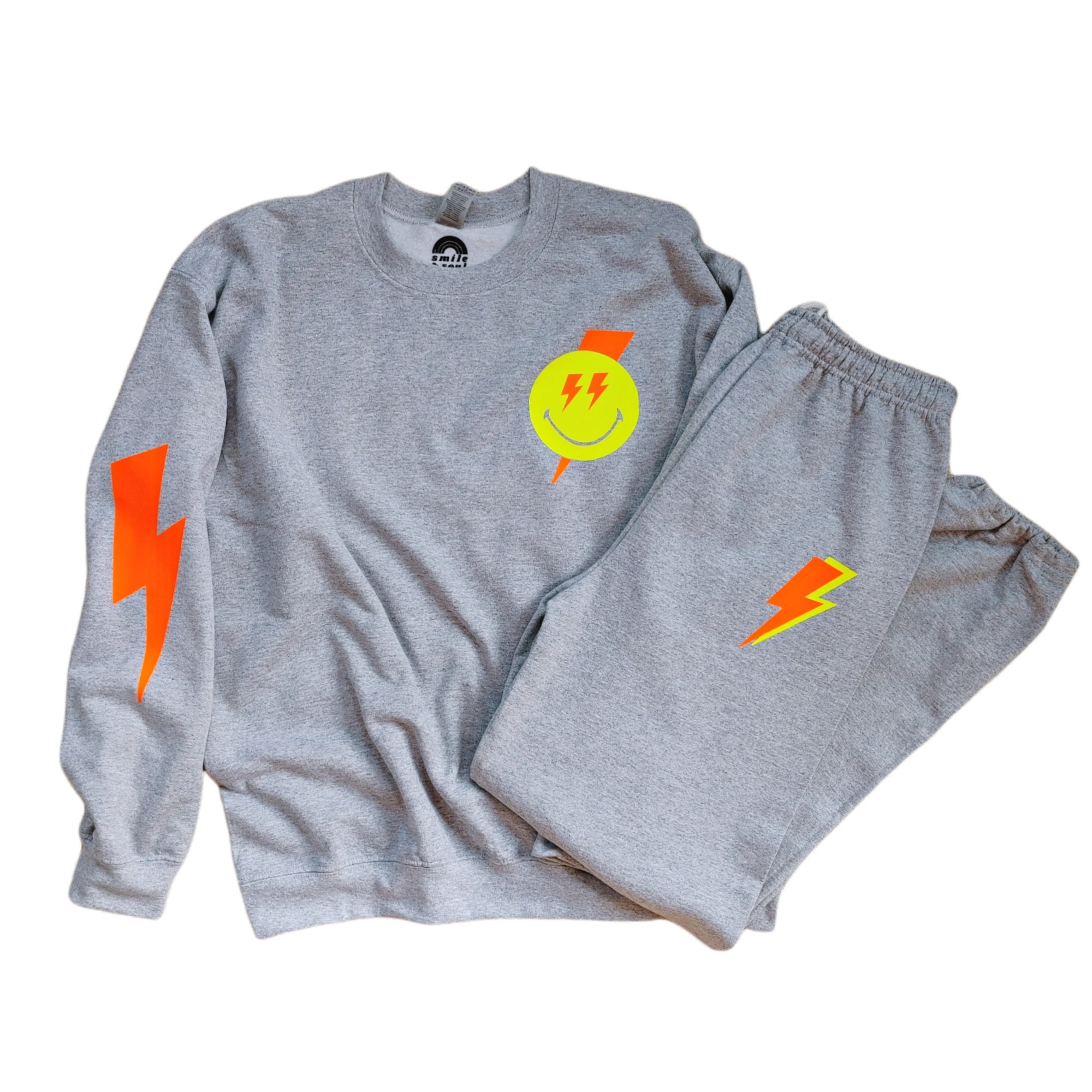 Smiling Face Lightning Bolt Sweats Oversized Crewneck Sweatshirt Trendy Smile Sweatshirt Bolt Sweatpants Cozy Set Loungewear Preppy Smile