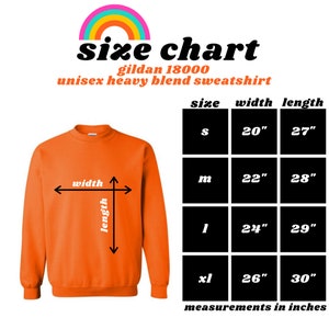 Op de afbeelding: Maattabel voor een unisex Gildan 18000 heavy blend sweatshirt. De tabel toont de breedte- en lengtemaat in inches voor de maten S, M, L en XL.