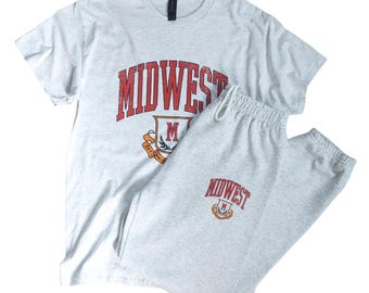 Midwest Matching Set, Distressed Varsity T Shirt and Sweatpants, Ash Gray Lounge Set, Oversized Graphic Tee Outfit