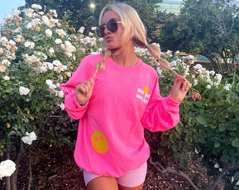 Preppy Oversized Sweatshirt Neon Pink Lächeln Blitz Sweatshirt Wunsch Sie waren hier Trendy Sweatshirt Frauen Rundhals-Sweatshirts