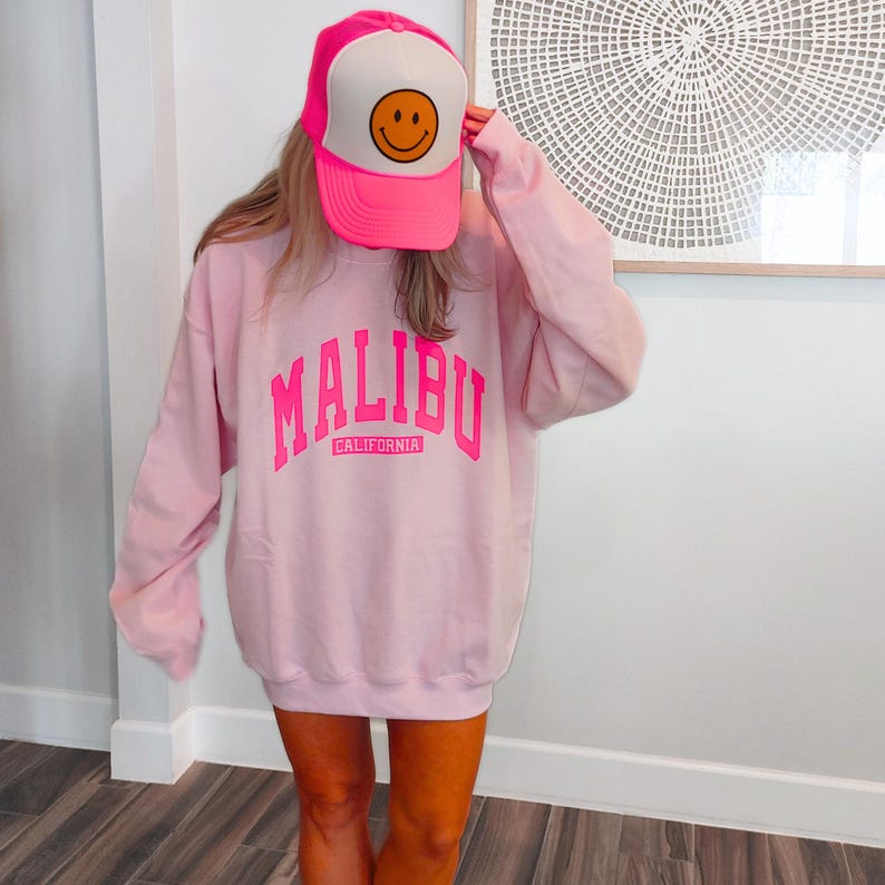 Malibu-sweater Roze Malibu-preppy sweatshirts met ronde hals California Beach trendy sweatshirt oversized preppy kleding met ronde hals trendy dames afbeelding 5