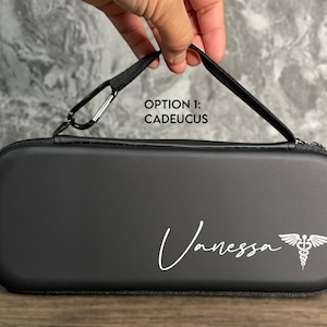 Custom | Black Faux Leather | Hard Zipper Case for Stethoscope & Medical Accessories | Black Velour Interior, Graduation Gift