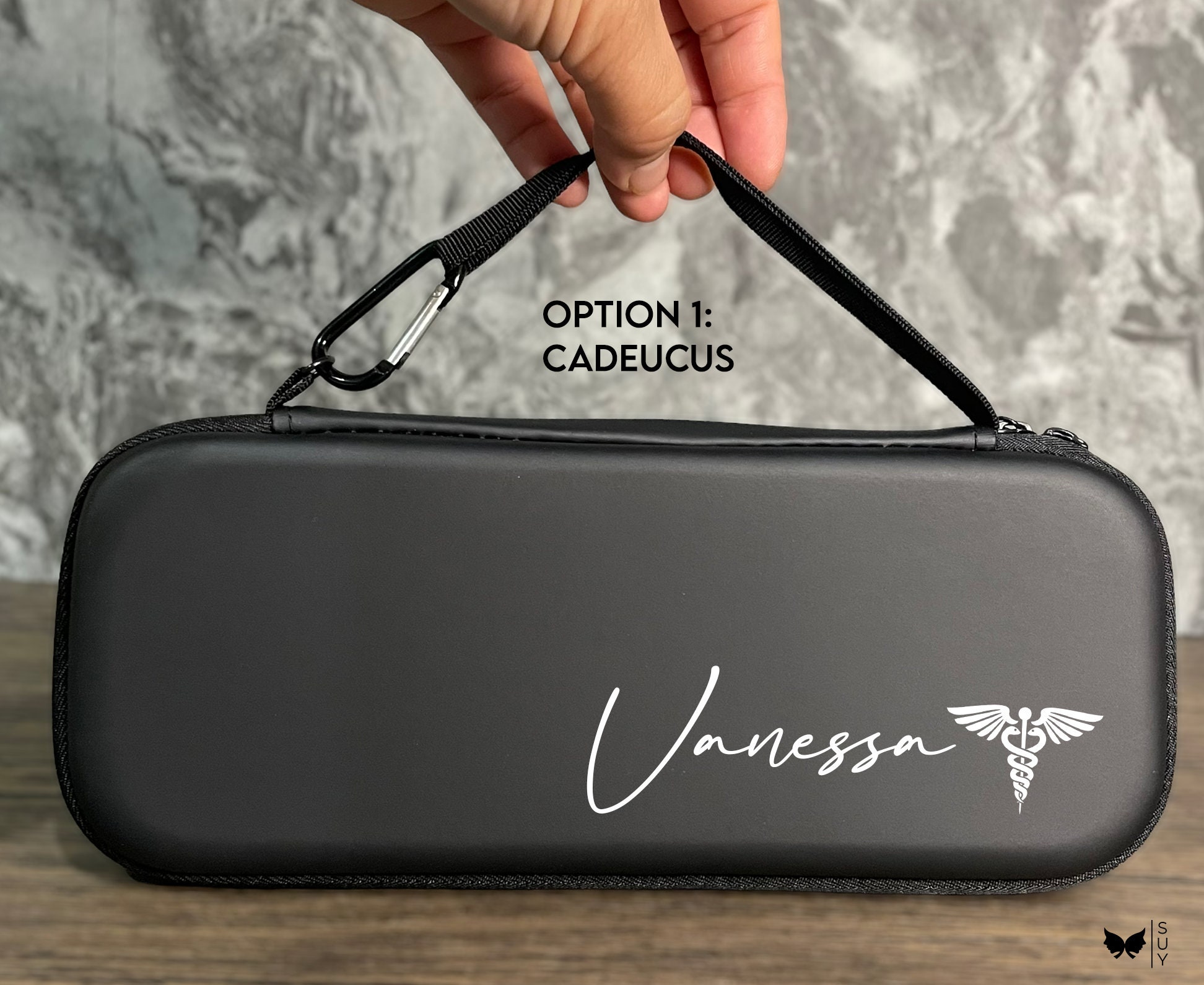 Custom | Black Faux Leather | Hard Zipper Case for Stethoscope & Medical Accessories | Black Velour Interior, Graduation Gift