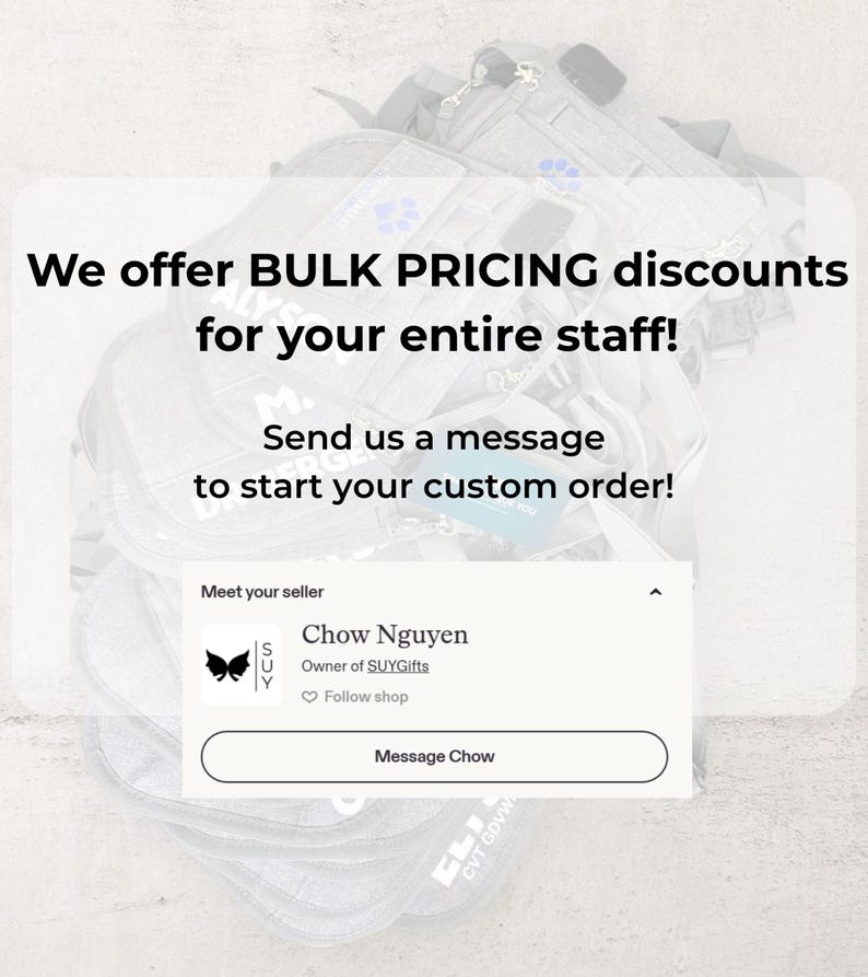 The image is a promotional image for a business called Chow Nguyn, which offers bulk pricing discounts for entire staff. The image includes a message from Chow Nguyn inviting customers to start their custom order and provides their email address.
