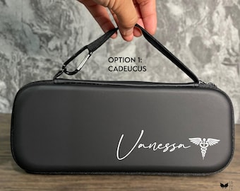 Custom | Black Faux Leather | Hard Zipper Case for Stethoscope & Medical Accessories | Black Velour Interior, Graduation Gift