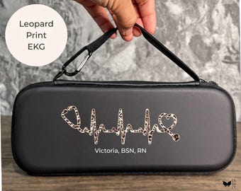 Custom EKG | Black Faux Leather | Hard Zipper Case for Stethoscope & Medical Accessories | Black Velour Interior, Graduation Gift