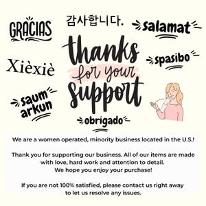 a message of thanks for support, written in various languages, including English, Spanish, and French. It also features a woman who appears to be a business owner, and a message about the business's commitment to quality and customer satisfaction.
