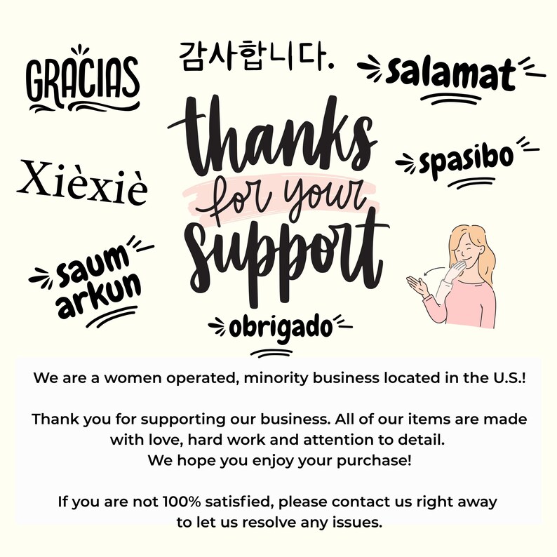 a message of thanks for support, written in various languages, including English, Spanish, and French. It also features a woman who appears to be a business owner, and a message about the business's commitment to quality and customer satisfaction.