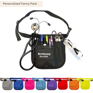 May include: Black fanny pack with multiple pockets, a black adjustable strap, and a stethoscope. The fanny pack has the text "Brittany RN BSN" printed on it. Additional items include pens, scissors, and a small container. Below are fanny packs in various colors.