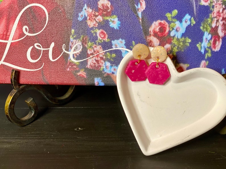 Pink Earrings Lightweight Earrings Opal Earrings Handmade Earrings Gift for Her Hexagon Earrings Clay Earrings Dangle Earrings