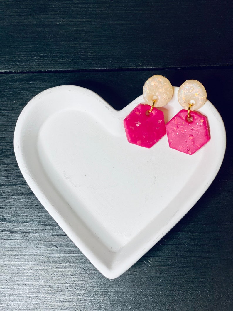 Pink Earrings Lightweight Earrings Opal Earrings Handmade Earrings Gift for Her Hexagon Earrings Clay Earrings Dangle Earrings