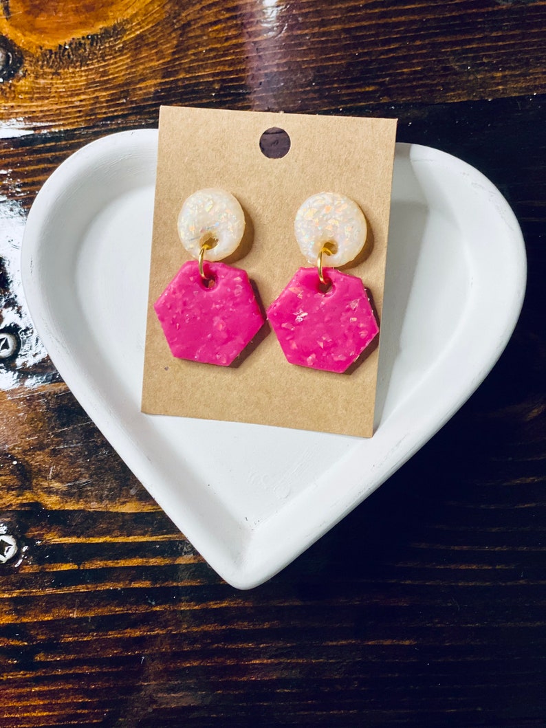 Pink Earrings Lightweight Earrings Opal Earrings Handmade Earrings Gift for Her Hexagon Earrings Clay Earrings Dangle Earrings