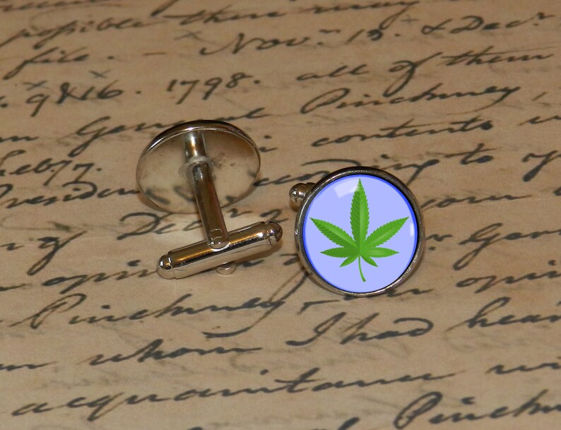 Herb Leaf Weed- Cufflinks Bronze or Stainless Steel Gift for Groom Him Bachelor Cuff Link and Tie Clip Combo Husband Tie Clip