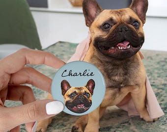 Pines de botón personalizados con foto vintage de perro o gato y texto con nombre