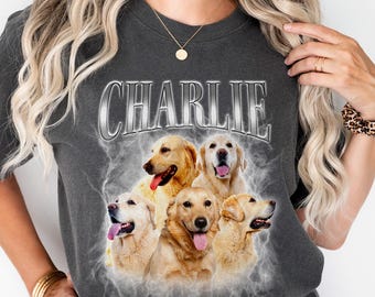 Custom Comfort Colors Dog Shirt with Pet's Photo and Name Text, 90s Vintage Style Bootleg Tee