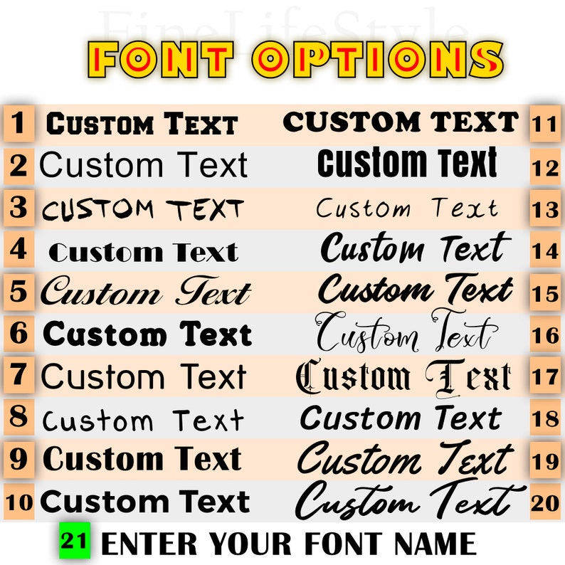 20 different text font choices to choose from. 1, 6, 9, 10, 11 are similar bold fonts, 2-thin, 3,8, 13-cartoonish, 4-bloadway, 5-script, 7-thin serif, 12-thin bold, 14- handwritten, 15- handwritten, 16-handwritten, 17- old English, 20-nice cursive.