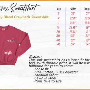 May include: A dark pink crewneck sweatshirt with a size chart displaying width, length, and sleeve center back measurements in inches for sizes S through 5XL. The text includes Unisex Sweatshirt, Unisex Heavy Blend Crewneck Sweatshirt, and details regarding the 50% cotton and 50% polyester fabric composition, loose fit, medium fabric weight, and sewn-in label.
