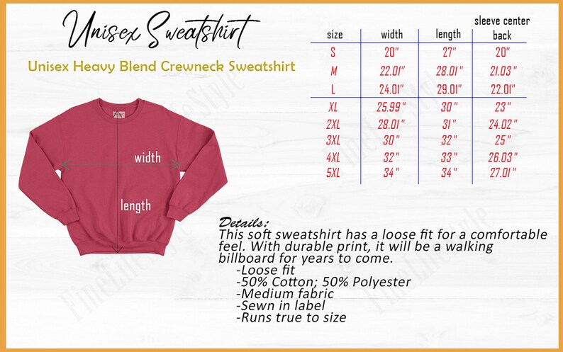May include: A dark pink crewneck sweatshirt with a size chart displaying width, length, and sleeve center back measurements in inches for sizes S through 5XL. The text includes Unisex Sweatshirt, Unisex Heavy Blend Crewneck Sweatshirt, and details regarding the 50% cotton and 50% polyester fabric composition, loose fit, medium fabric weight, and sewn-in label.