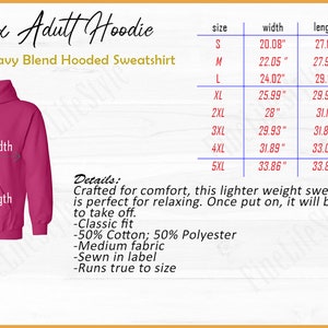 May include: A pink unisex hooded sweatshirt with a zipper closure. The sweatshirt is made of a blend of cotton and polyester. The size chart shows the width, length, and sleeve center back measurements in inches for sizes S through 5XL.
